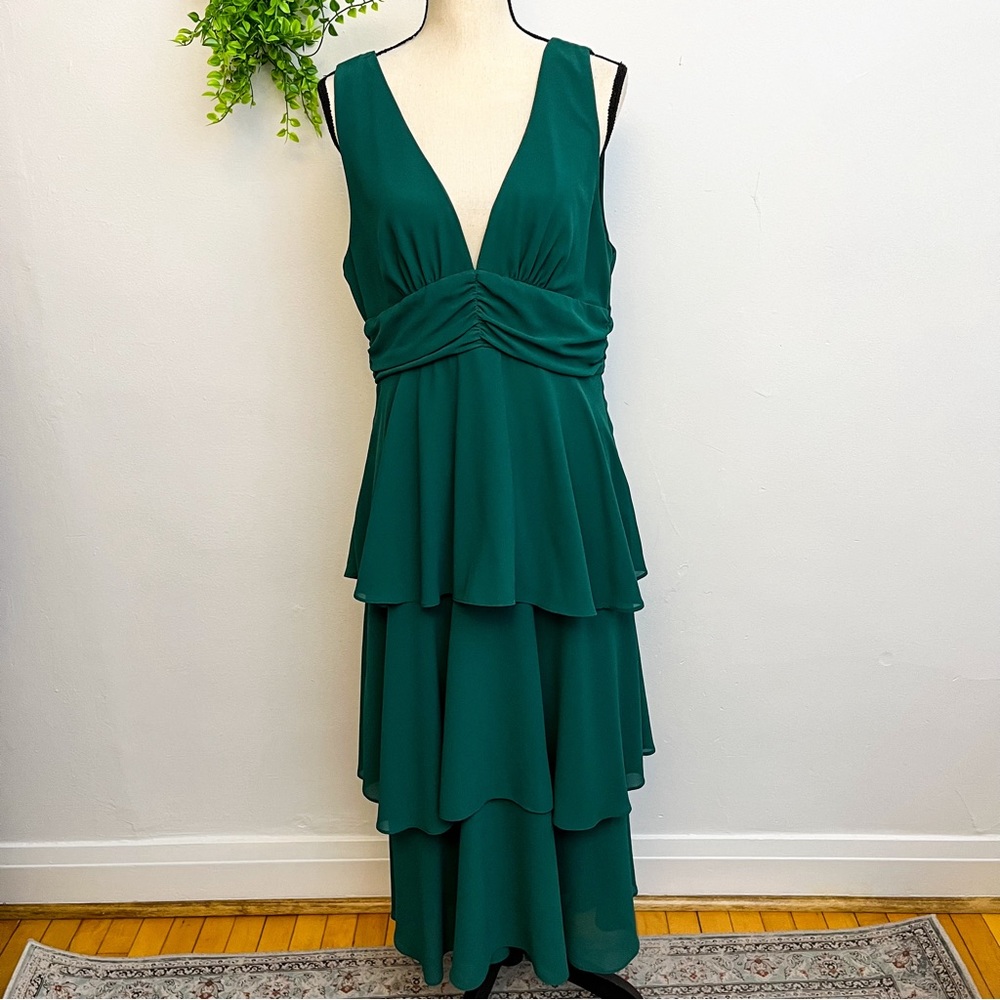 Lulu's Celebration Time Green Tiered Chiffon Emerald Midi Dress XL